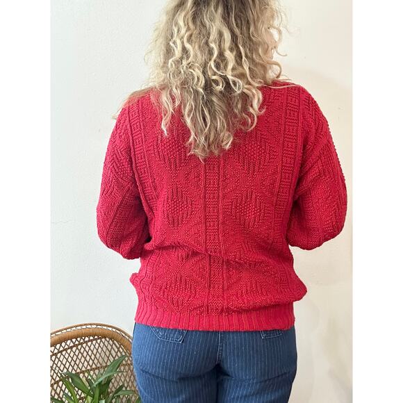 80’s Red Cotton Cable Knit Sweater size Medium - Picture 5 of 13